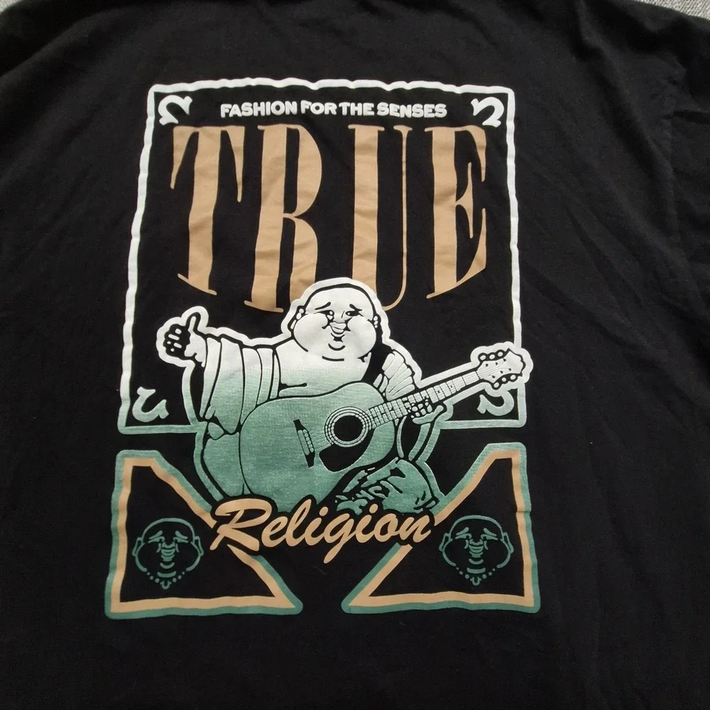 NWOT True Religion Black Big Buddha Guitar Graphic T-Shirt 2X Cotton 2-sided